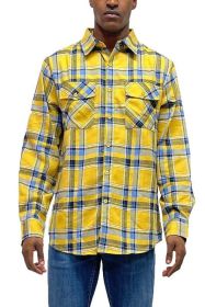LONG SLEEVE FLANNEL FULL PLAID CHECKERED SHIRT (Color: YELLOW SKY, size: S)